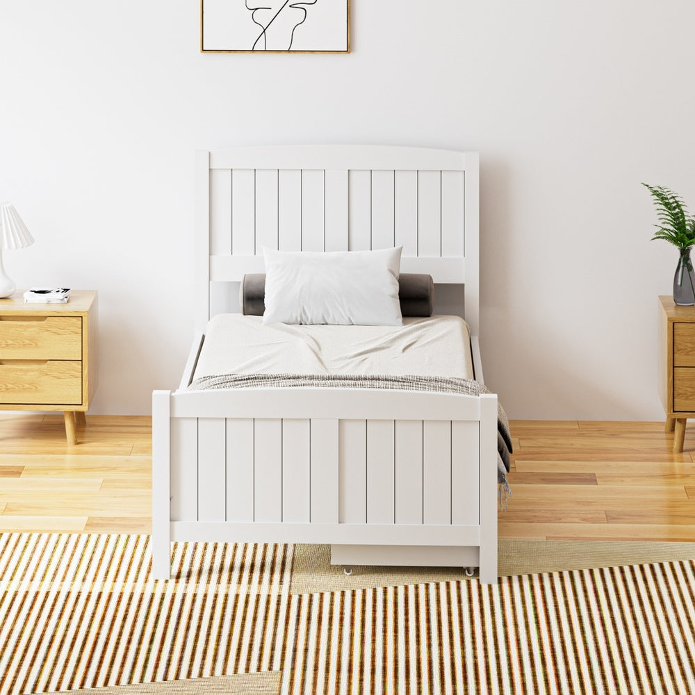 Oikiture Wooden Bed Frame Single Size with Trundle Drawers White