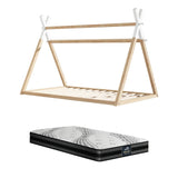 Oikiture King Single Kids Bed Frame Mattress Set Wooden Teepee House Beds