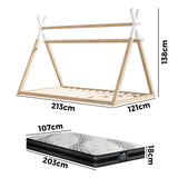 Oikiture King Single Kids Bed Frame Mattress Set Wooden Teepee House Beds - Rear View