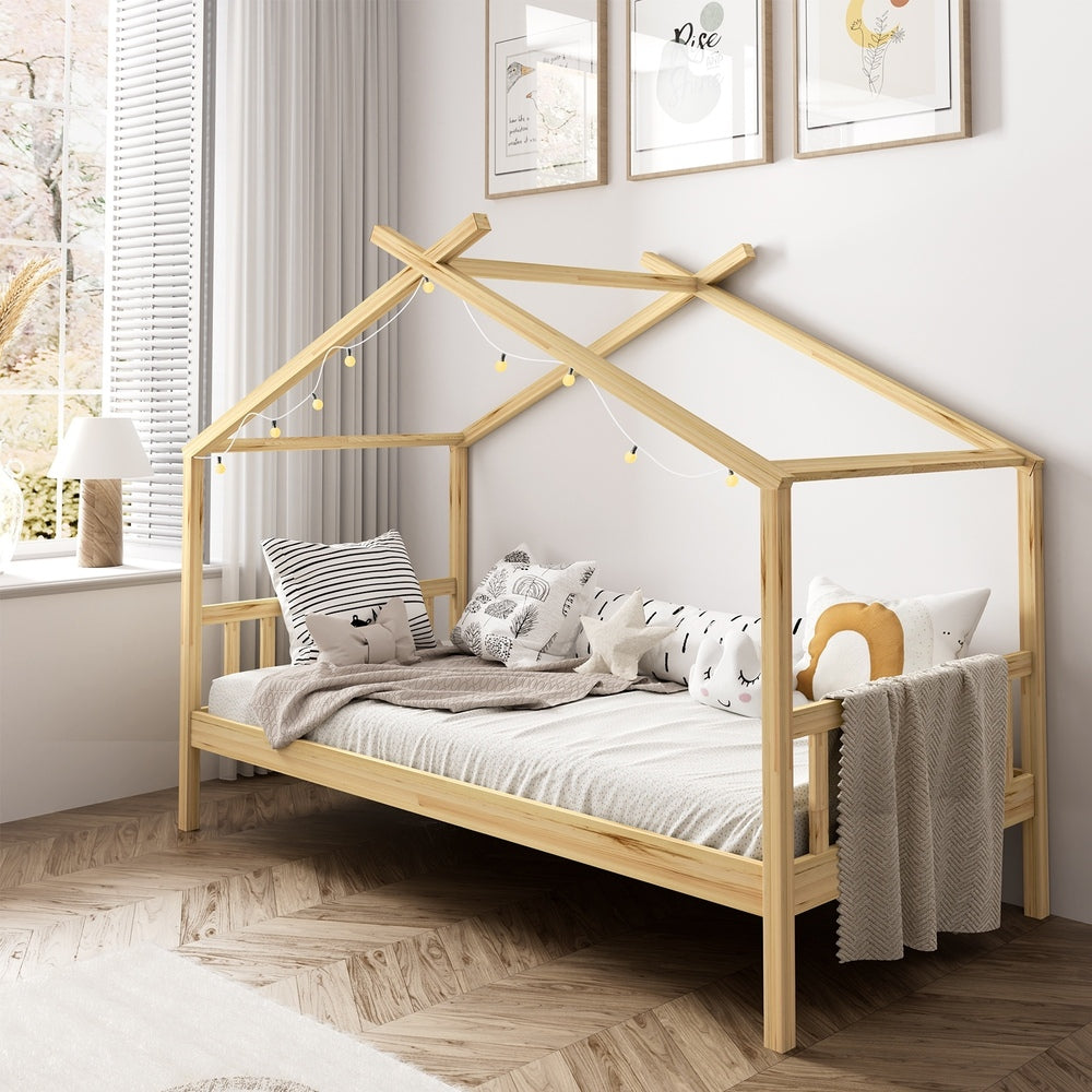 Oikiture Bed Frame Wooden Kids Single Timber House Beds
