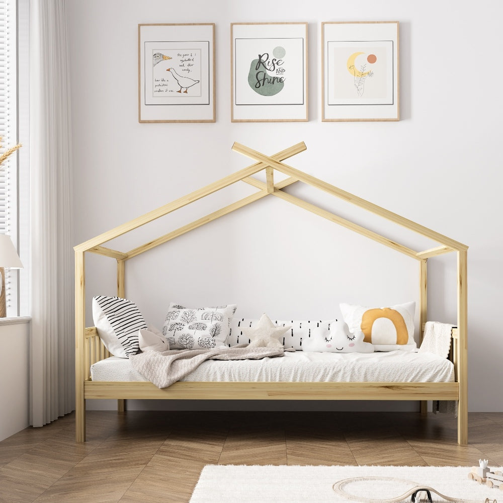 Oikiture Bed Frame Wooden Kids Single Timber House Beds