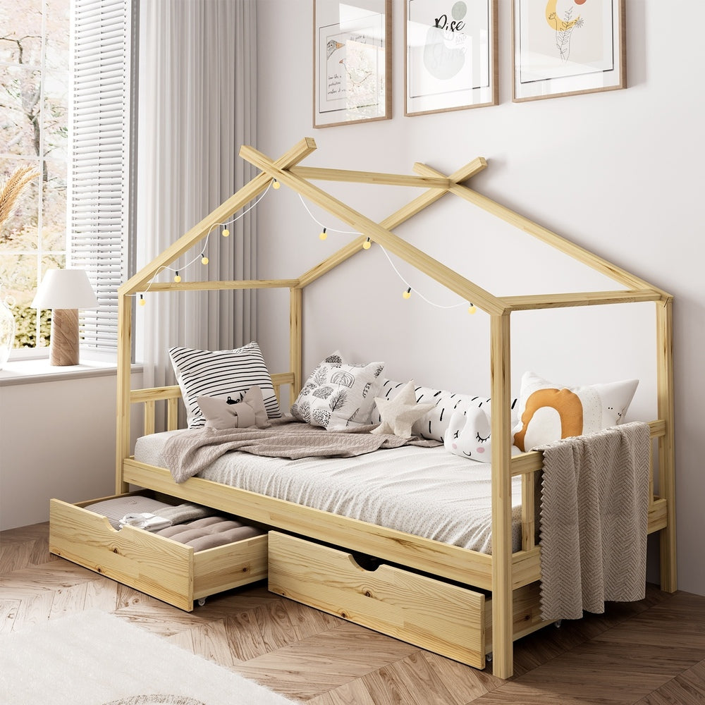 Oikiture House Bed Frame Wooden Single Size with Drawers