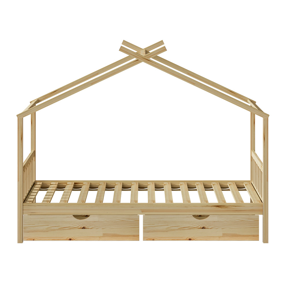 Oikiture House Bed Frame Wooden Single Size with Drawers