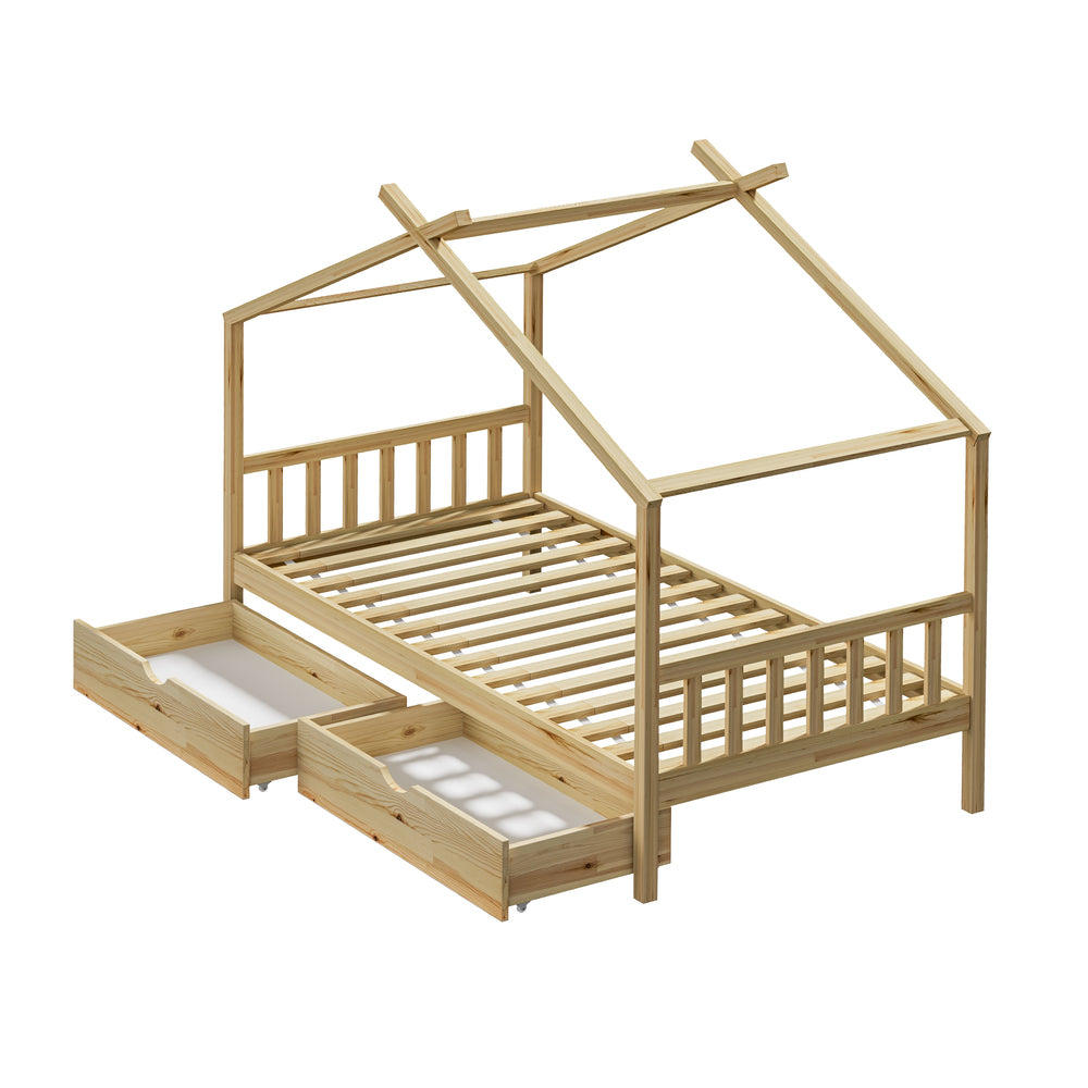 Oikiture House Bed Frame Wooden Single Size with Drawers
