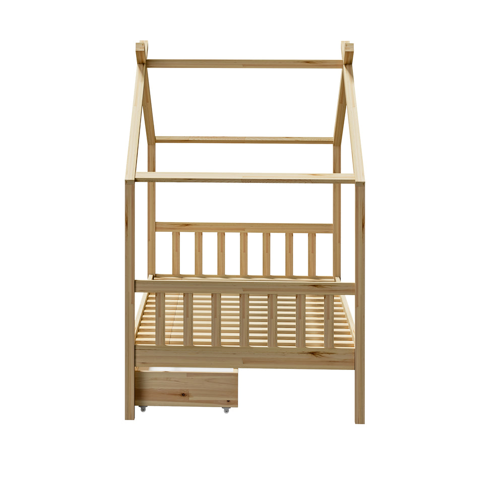 Oikiture House Bed Frame Wooden Single Size with Drawers