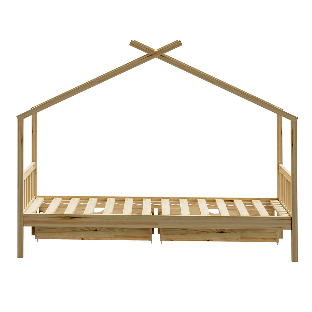 Oikiture House Bed Frame Wooden Single Size with Drawers