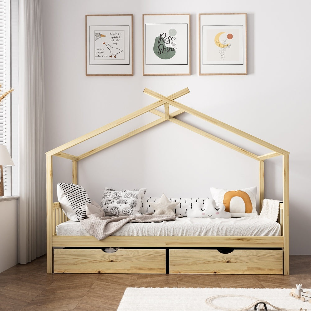 Oikiture House Bed Frame Wooden Single Size with Drawers