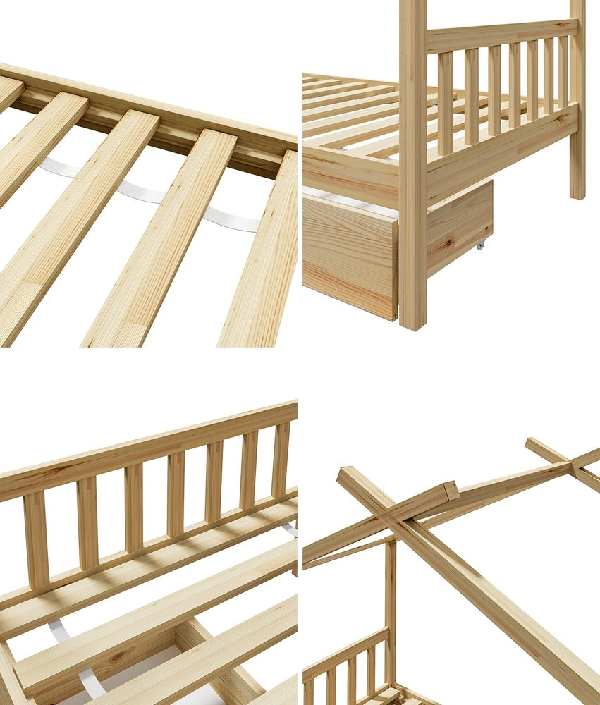 Oikiture House Bed Frame Wooden Single Size with Drawers