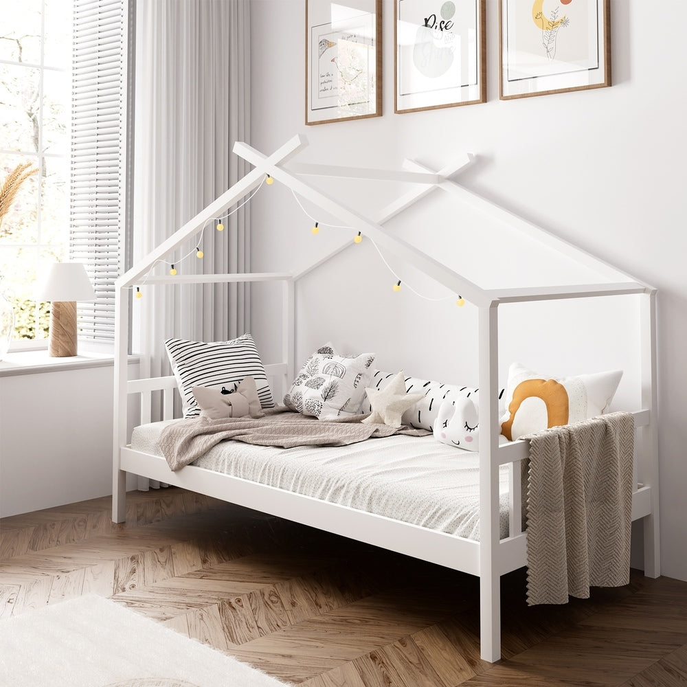 Oikiture Bed Frame Wooden Kids Single Timber House Beds White