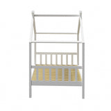 Oikiture Bed Frame Wooden Kids Single Timber House Beds White - Rear View