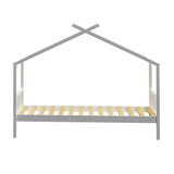 Oikiture Bed Frame Wooden Kids Single Timber House Beds White - Front View