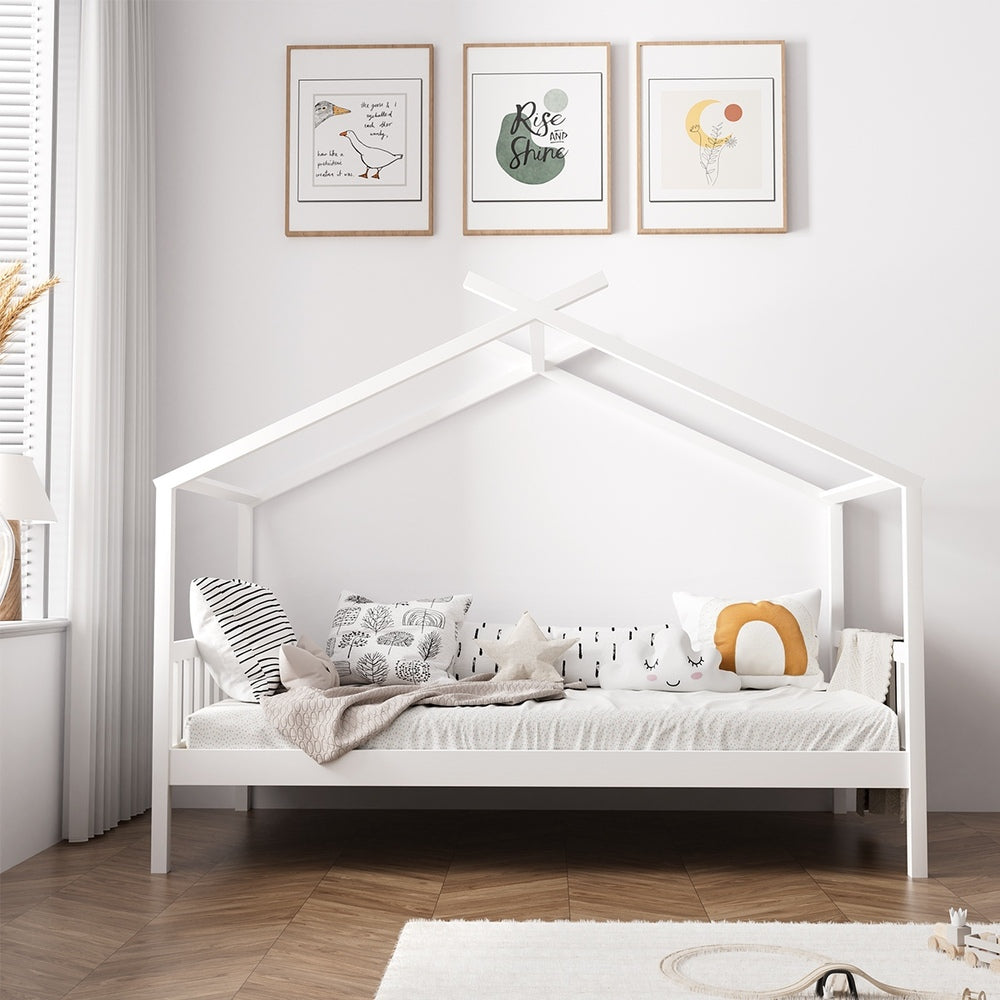 Oikiture Bed Frame Wooden Kids Single Timber House Beds White