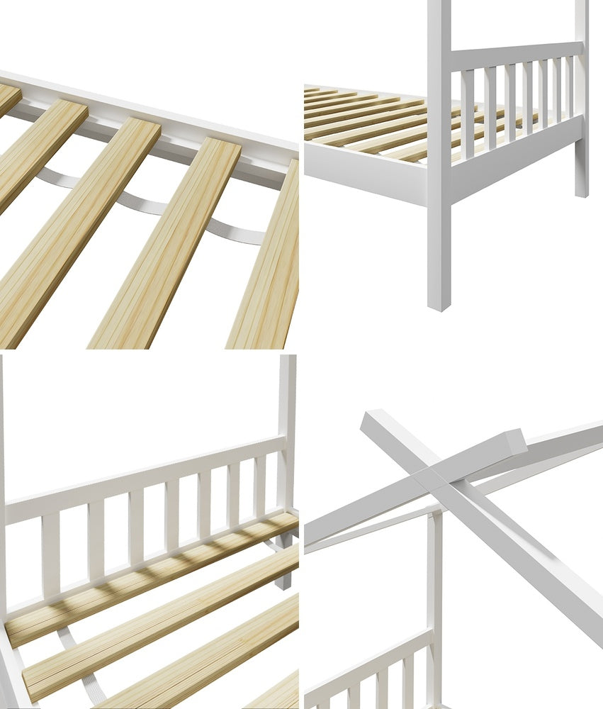 Oikiture Bed Frame Wooden Kids Single Timber House Beds White
