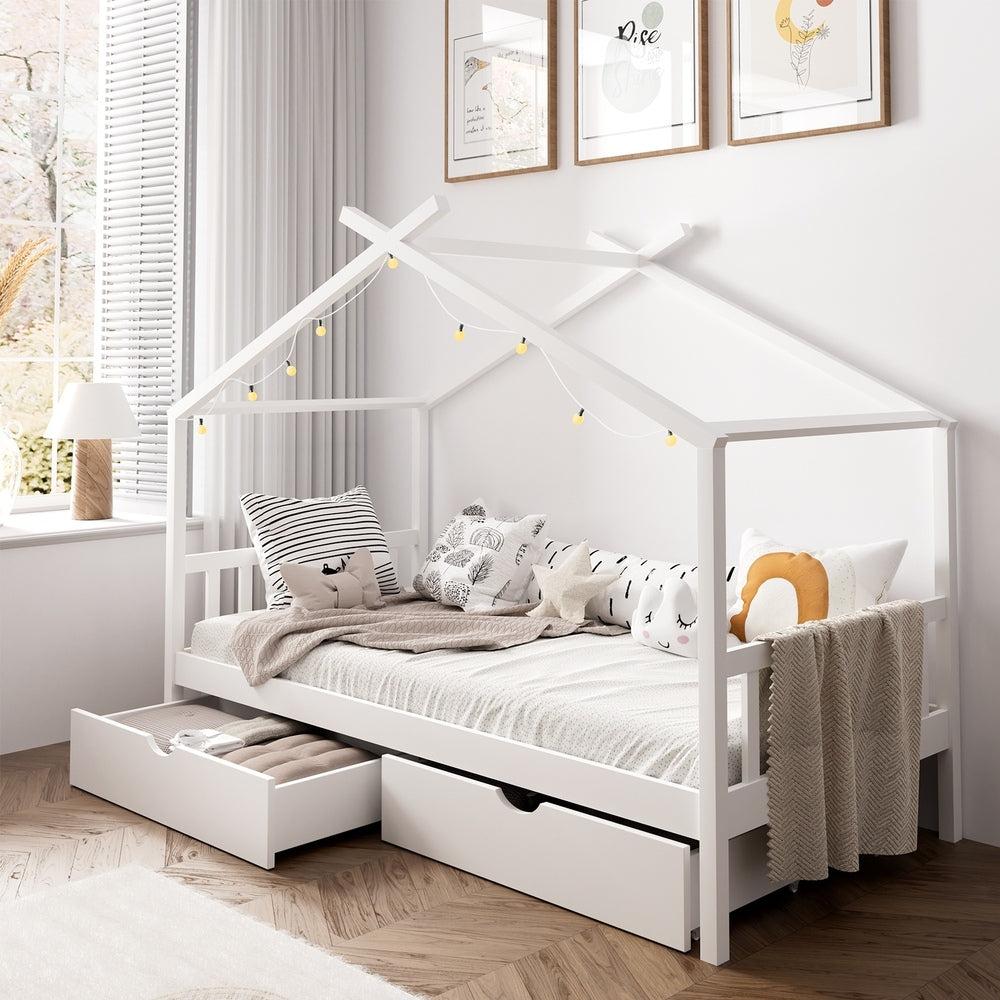 Oikiture Bed Frame Wooden Single House Frame with Drawers White