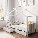 Oikiture Bed Frame Wooden Single House Frame with Drawers White - Rear View