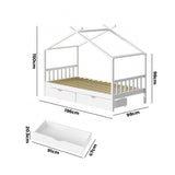 Oikiture Bed Frame Wooden Single House Frame with Drawers White