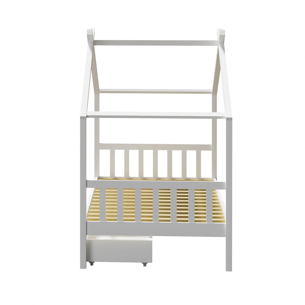Oikiture Bed Frame Wooden Single House Frame with Drawers White