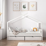 Oikiture Bed Frame Wooden Single House Frame with Drawers White