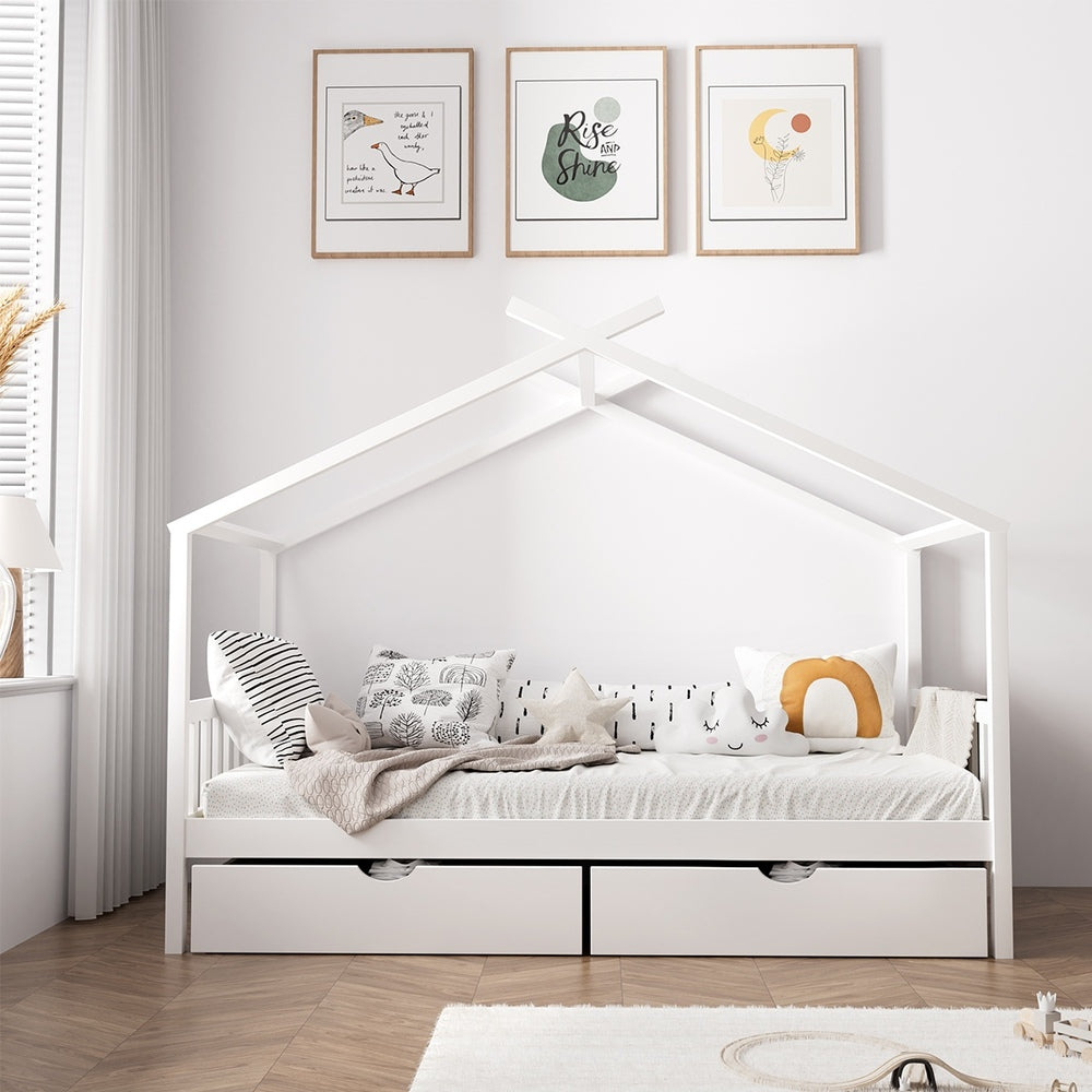 Oikiture Bed Frame Wooden Single House Frame with Drawers White