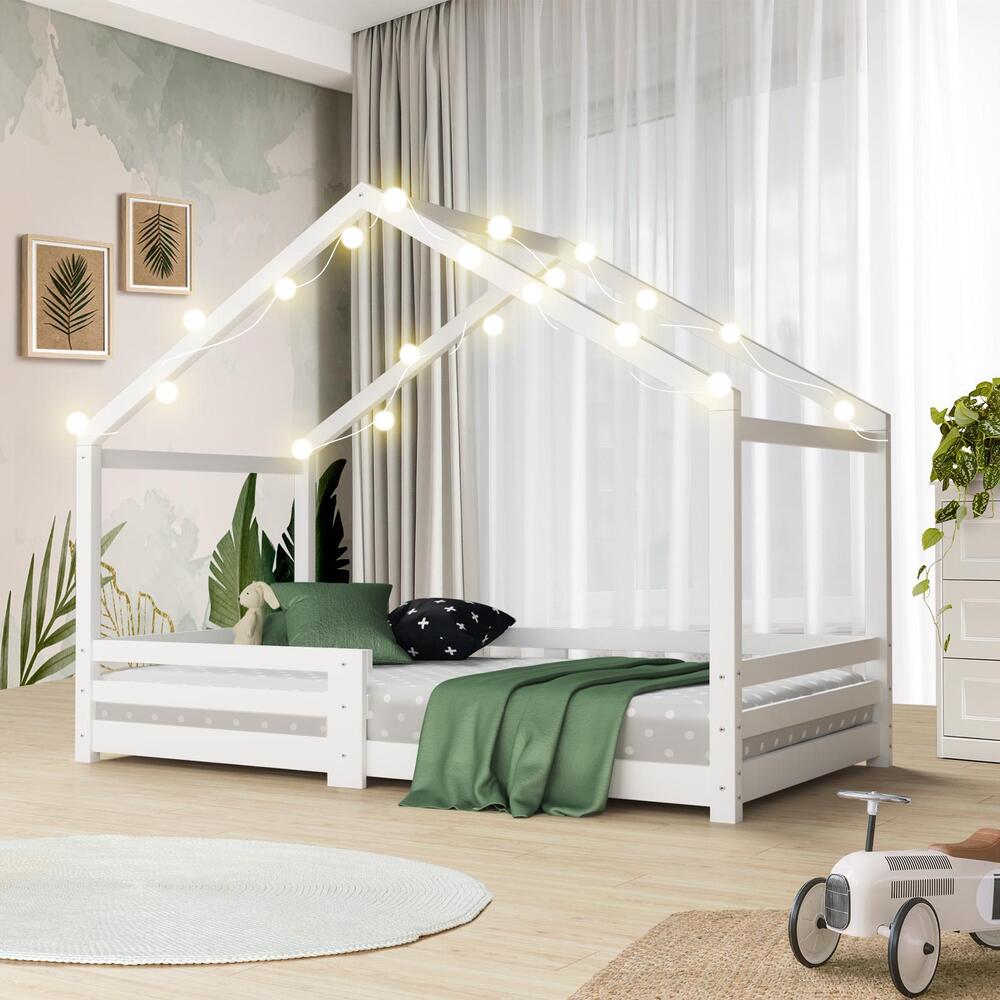 Oikiture Single Bed Frame Wooden Kids House Style White