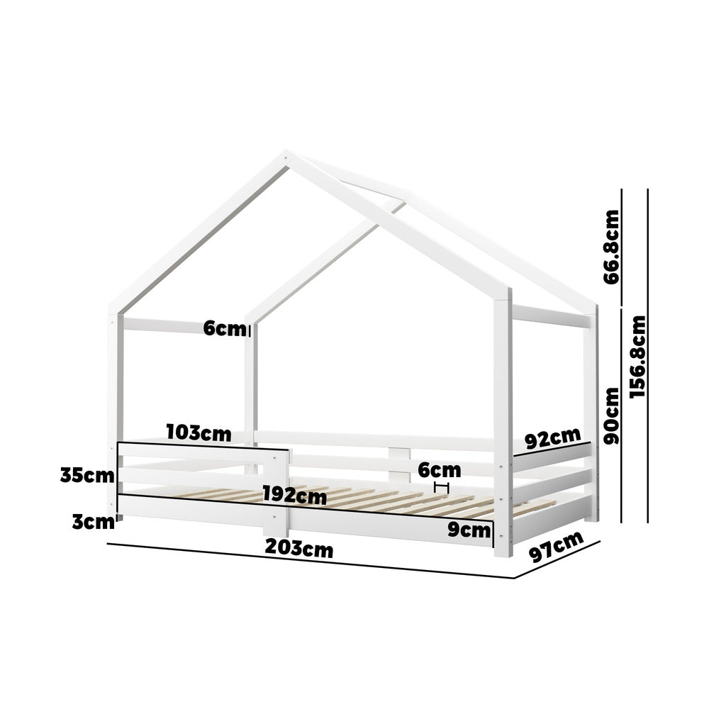 Oikiture Single Bed Frame Wooden Kids House Style White