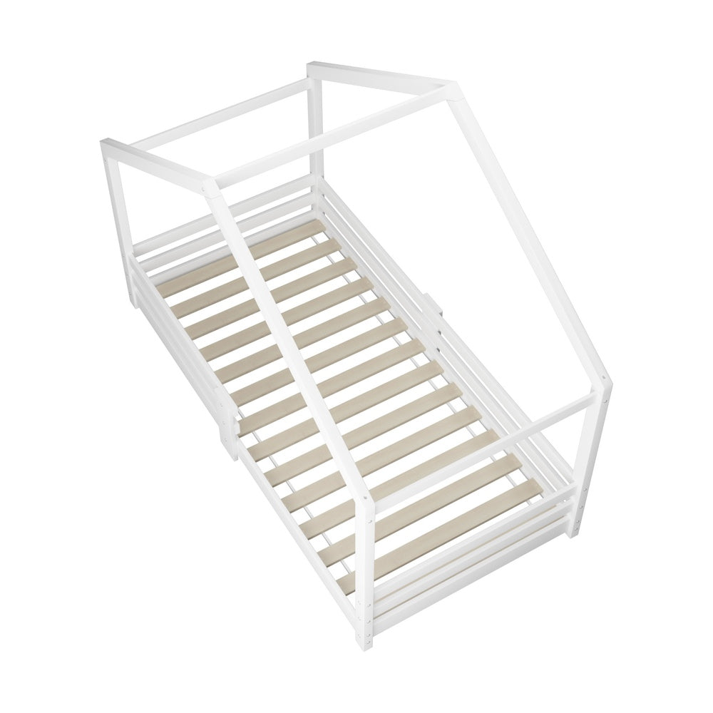 Oikiture Single Bed Frame Wooden Kids House Style White