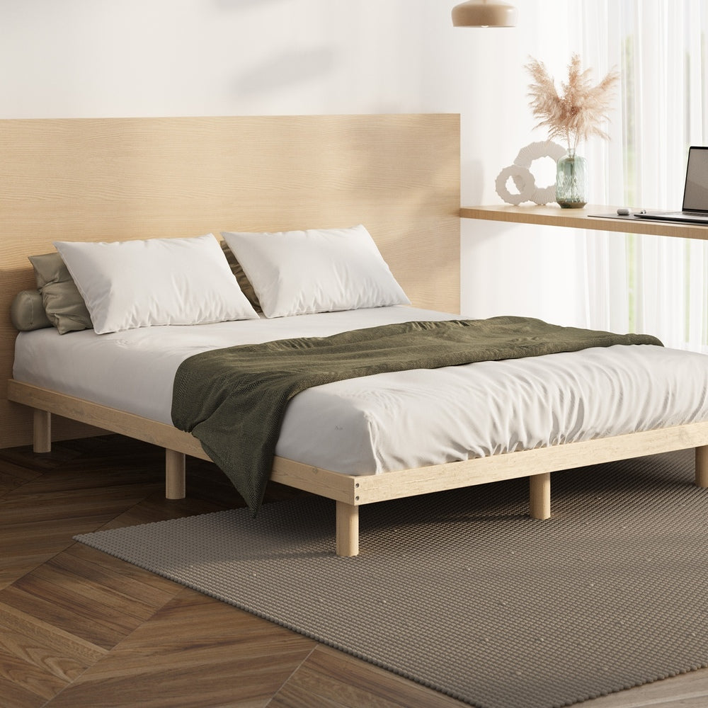 Oikiture Bed Frame Double Size Bed Base Solid Wood Slats