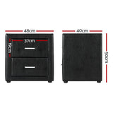 Artiss 2X Bedside Table 2 Drawers Side Table Leather - CADEN Black - Front View