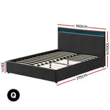 Artiss Bed Frame Queen Size LED Gas Lift Black COLE - Front View