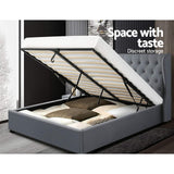 Artiss Bed Frame Queen Size Gas Lift Grey ISSA - Close-Up Angle