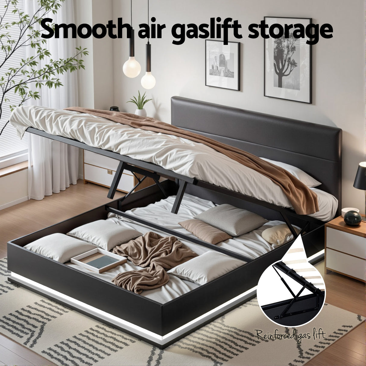 Artiss Bed Frame Queen Size LED Gas Lift Black LUMI