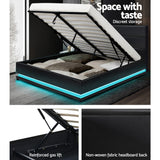 Artiss Bed Frame Queen Size LED Gas Lift Black LUMI - Rear View