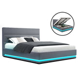 Artiss Bed Frame Queen Size LED Gas Lift Grey LUMI - Close-Up Angle
