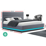 Artiss Bed Frame Queen Size LED Gas Lift Grey LUMI - Front View