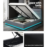 Artiss Bed Frame Queen Size LED Gas Lift Grey LUMI - Rear View