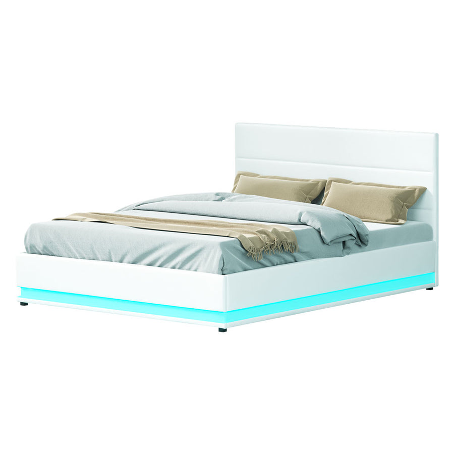 Artiss Bed Frame Queen Size LED Gas Lift White LUMI, image 7