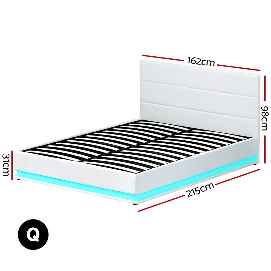 Artiss Bed Frame Queen Size LED Gas Lift White LUMI, Gas Lift