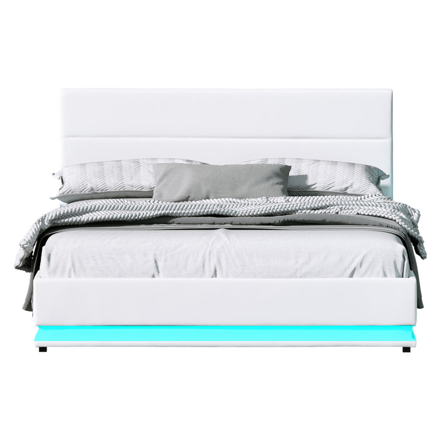 Artiss Bed Frame Queen Size LED Gas Lift White LUMI, LED Lights