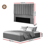 Artiss Double Bed Frame with Storage Grey Velvet Headboard Gas Lift Platform Base - Front View