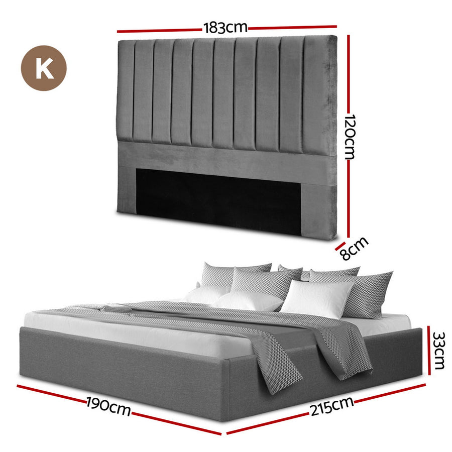 Artiss King Bed Frame with Storage Grey Velvet Headboard Gas Lift Platform Base