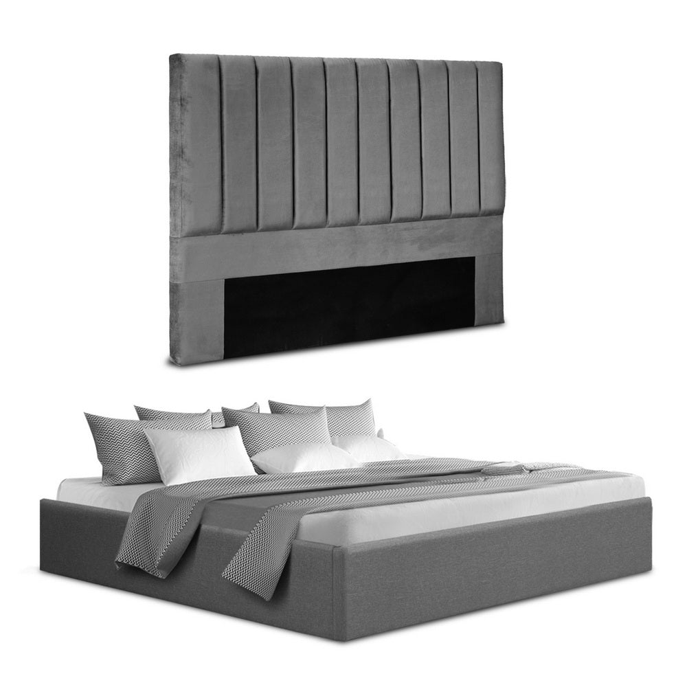 Artiss King Bed Frame with Storage Grey Velvet Headboard Gas Lift Platform Base