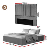 Artiss Queen Bed Frame with Storage Grey Velvet Headboard Gas Lift Platform Base - Front View