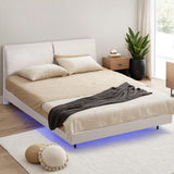 Artiss Double Bed Frame RGB LED Floating Beds Adjustable Headboard Beige White - Close-Up Angle