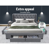 Artiss Bed Frame Queen Size with 4 Drawers Grey MILA - 45-Degree Angle
