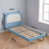 Artiss Kids King Single Bed Frame Upholstered Bear Headboard Waterproof Leather Boys Bed 180kg Capacity Blue and White - Front View