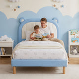 Artiss Kids King Single Bed Frame Upholstered Bear Headboard Waterproof Leather Boys Bed 180kg Capacity Blue and White - Low Angle