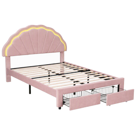 Artiss Double Bed Frame with 2 Storage Drawers Upholstered Velvet Platform Bed LED Headboard Pink, Storage