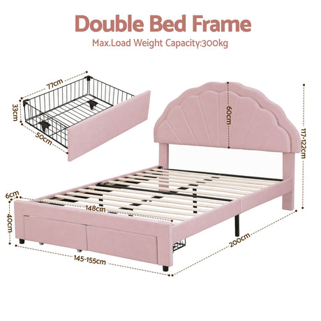 Artiss Double Bed Frame with 2 Storage Drawers Upholstered Velvet Platform Bed LED Headboard Pink, LED Lights