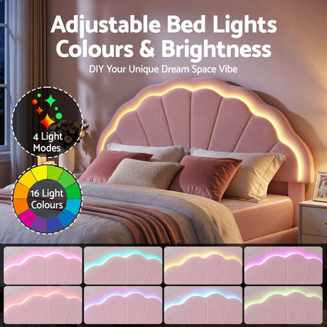 Artiss Double Bed Frame with 2 Storage Drawers Upholstered Velvet Platform Bed LED Headboard Pink, image 6