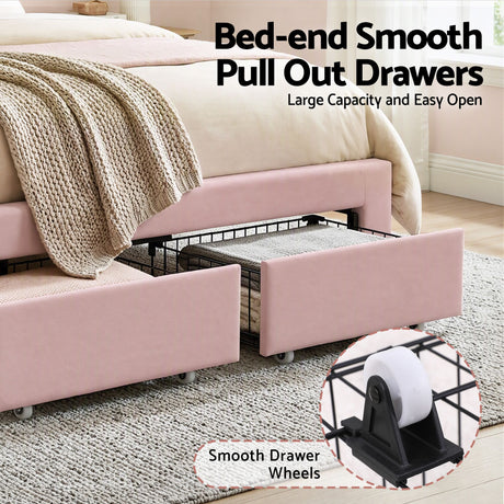 Artiss Double Bed Frame with 2 Storage Drawers Upholstered Velvet Platform Bed LED Headboard Pink, image 7